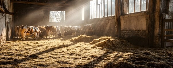 Cows eating hay in a sunlit old rustic barn