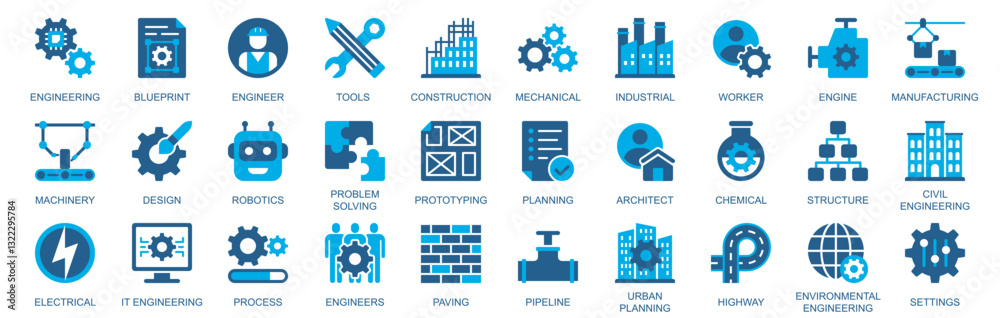 Leinwandbilder Engineering icon set in flat duotone solid icons web design. Pack pictograms with blueprint, engineer, tools, mechanical, worker, engine, manufacturing, machinery, process, other. Vector illustration.