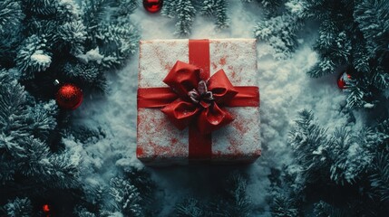 A festive Christmas scene unfolds from an elevated perspective, showcasing a beautifully wrapped present adorned with a vibrant red bow and ribbon against a stark white canvas.