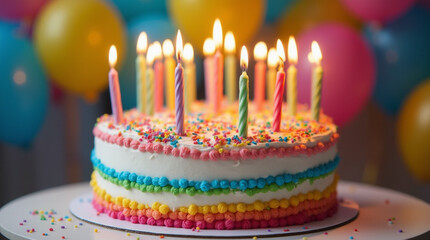  white birthday cake with candles, birthday party for children, children having fun, colorful cake, rainbow, multicolored balloons and sparkles, chocolate, sugar and candies, candles, sweet ... 