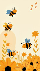 Cartoon bees flying over cheerful flowers in a whimsical garden, playful illustration, vibrant colors, copy space
