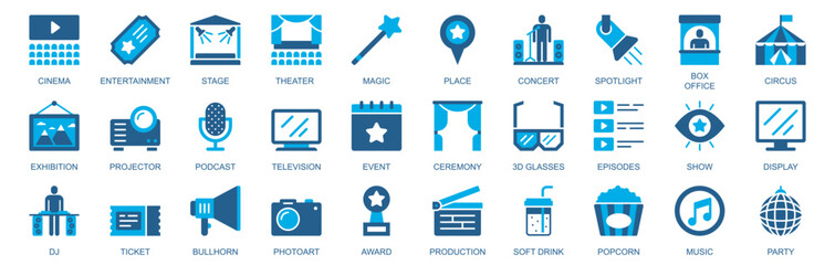 Show and entertainment icon set in flat duotone solid icons web design. Pack pictograms with cinema, theater, magic, place, concert, box office, circus, exhibition, event, other. Vector illustration.