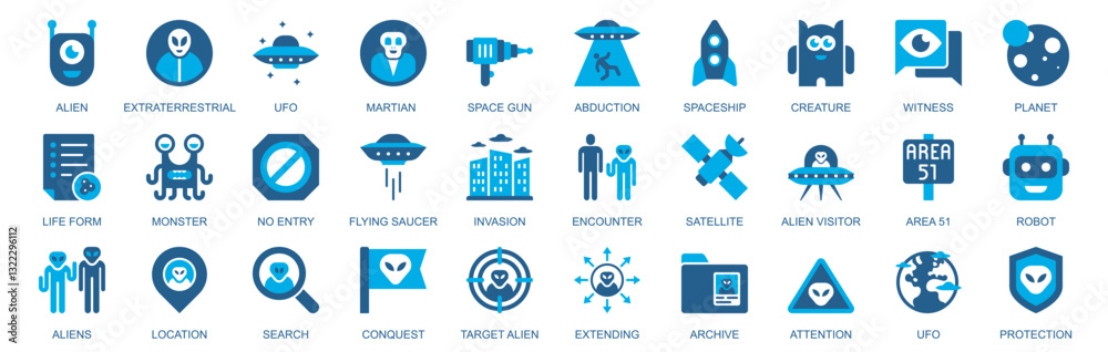 Aufkleber ufo and aliens icon set in flat duotone solid icons web design. pack pictograms with extraterrestria