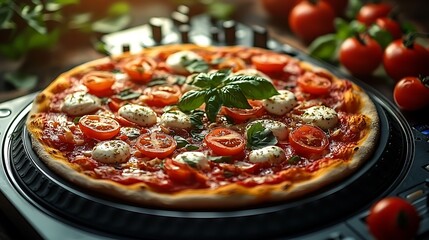 A delicious pizza with mozzarella and tomatoes on a DJ turntable with a vibrant background