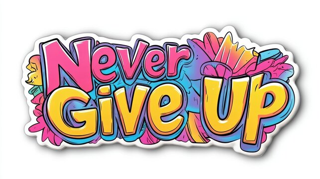 A vibrant sticker emblazoned with the inspiring inscription "Never Give Up" in a bold, motivational font, a beacon of hope and encouragement, urging viewers to persevere through challenges and strive