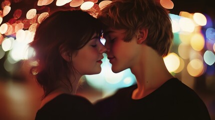 A tender moment captures a couple in a gentle embrace, illuminated by soft, bokeh lights, exuding warmth and intimate romance.
