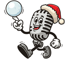 Cartoon mascot character Microphone is playing snowballs and wearing a Christmas hat