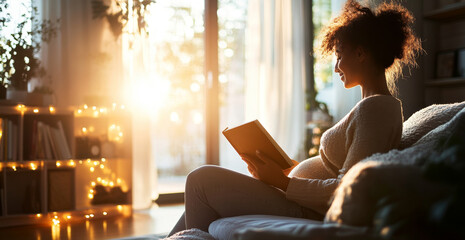 A woman in her final trimester sits comfortably on a couch, reading a book in a warm, inviting living room filled with soft sunlight and decorative plants. Serenity fills the space.
