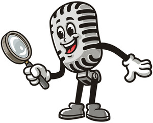 Cartoon mascot character Microphone holding a magnifying glass