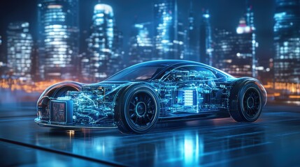 A 3D rendering of a hydrogen car, showcasing its intricate internal components, including fuel cell stack, battery, and electric motor, against a backdrop of a sleek, futuristic cityscape.
