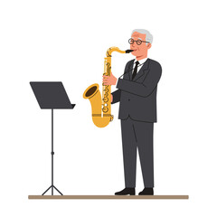 Naklejka premium Musician playing saxophone in elegant suit minimal vector illustration