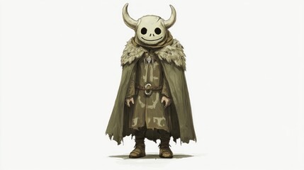 Small, hooded figure with skull mask and cape