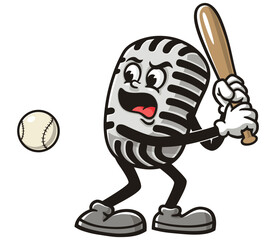 Microphone character mascot cartoon playing baseball