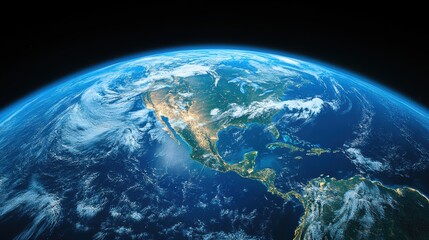 Fototapeta premium A vibrant blue marble, speckled with wispy white clouds, reveals the Americas from a bird-eye perspective, a testament to the beauty and vastness of our planet.