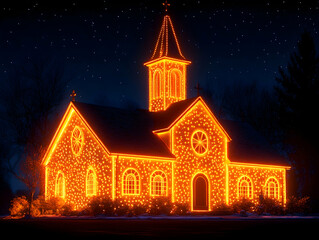 Fototapeta premium Illuminated church at night, adorned with warm golden lights. A picturesque winter scene, featuring a small chapel, beautifully lit with warm, orange lights, stands out against a dark night sky