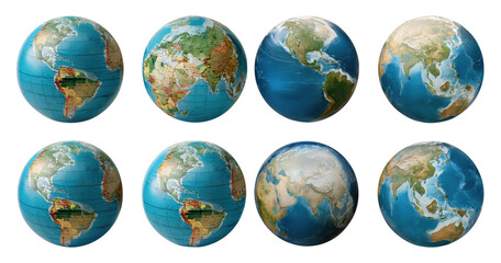 Colorful Globe Illustrations Showing Different Perspectives of Earth, PNG bundle collection, Isolated on Transparent Background