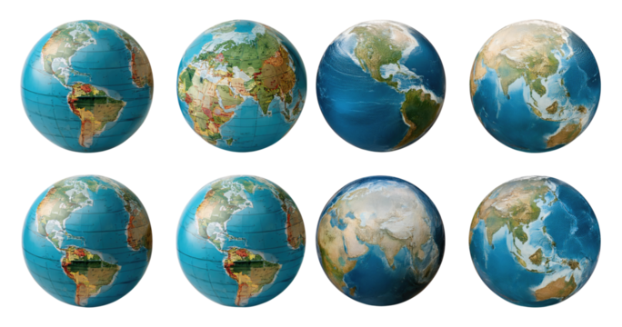 Colorful Globe Illustrations Showing Different Perspectives of Earth, PNG bundle collection, Isolated on Transparent Background