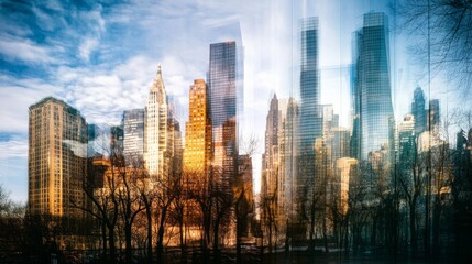 A creative blend of skyscraper images with vivid colors creates a dynamic and dreamlike urban montage.