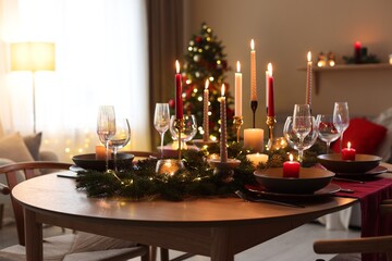 Festive table setting in room decorated for Christmas. Bokeh effect