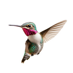 Fototapeta premium Hummingbird in Flight: A colorful hummingbird showcases vibrant plumage in mid-flight against a dark background.