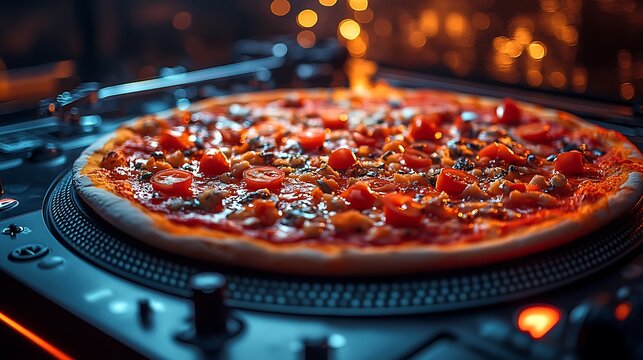 Pizza with fresh toppings creatively designed on a turntable with music and party lights