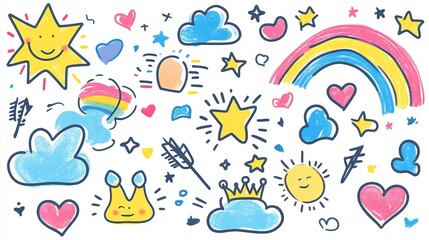 A sticker pack featuring naive, playful abstract doodle shapes in a childish style. This collection includes colorful crayon-drawn figures and funky doodles, such as clouds with rainbows, suns, hearts