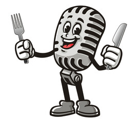 Cartoon mascot character Microphone holding fork and knife