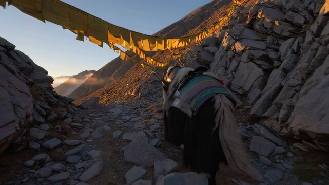 Yaks walking on mountain path at sunrise with prayer flags
