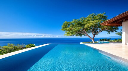 Obraz premium Serene Luxury Poolside View Overlooking Ocean with Lush Greenery and Clear Blue Sky