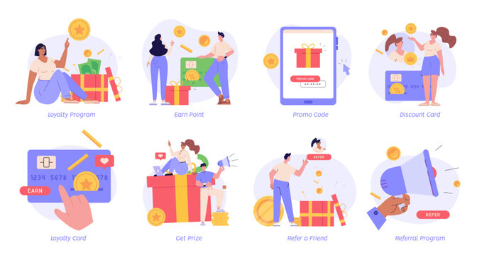 Reward program and earning points set. Attracting customers for money and gifts. Collection of earn reward loyalty, bonus, business award. Vector illustration in flat design