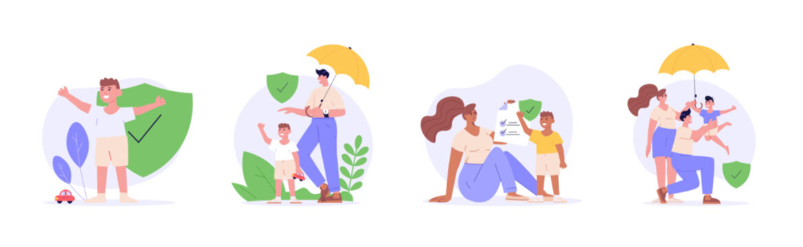 Family under umbrella. Set of life insurance, protection of health and life of children for travel or vacation. Healthcare and medical service. Vector illustration in flat design