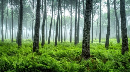 Naklejka premium Tall trees rise above vibrant green ferns in a misty forest, creating a serene atmosphere. Morning light filters through the fog, enhancing the tranquil surroundings
