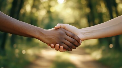 Two hands, of different skin tones, warmly engage in a handshake amidst a serene forest path, symbolizing unity and understanding.