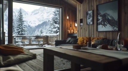 Fototapeta premium A cozy cabin-style living room with a view of snow-capped mountains through the window, creating a warm, inviting atmosphere.