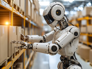 Fototapeta premium A white humanoid robot carefully selects a cardboard box from a tall well-stocked warehouse shelving unit.
