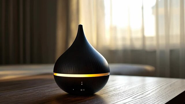 Decorative diffuser emits warm light in a cozy room with natural sunlight during evening hours