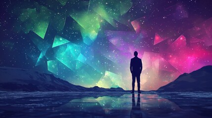A silhouette of a person stands by a calm water body, gazing at a mesmerizing night sky adorned with vivid colors and geometric patterns, creating a surreal atmosphere