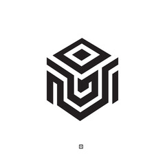A bold and geometric black-and-white logo with an abstract cube design, featuring intricate maze-like patterns. The modern and futuristic aesthetic symbolizes innovation, technology, and structure, ma