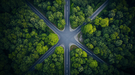 Aerial View of Roads Converging Intersection surrounded by Forest Green Canopy Tranquil Destination