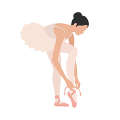 Naklejka premium Ballerina adjusting her pointe shoes in a minimal flat design vector illustration
