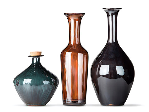 Three decorative glass bottles one with a cork stopper against a clean white background showcasing varying shapes and earthy tones.