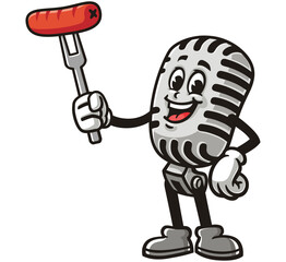 Cartoon mascot character Microphone holding sausage
