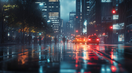 Fototapeta premium Nighttime City Street in the Rain