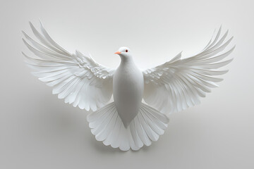 Obraz premium A pristine white dove wings outstretched in graceful symmetry against a smooth neutral background.