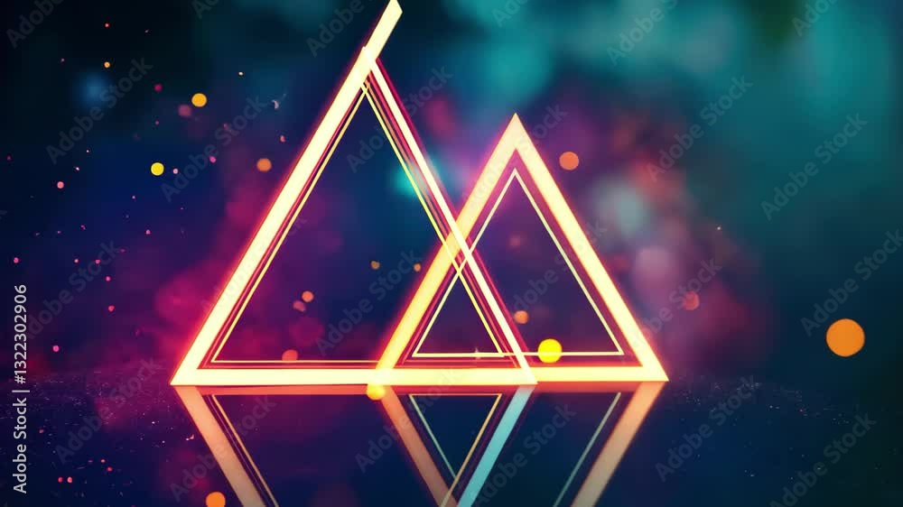 Poster colorful neon triangles illuminate vibrant light spots in an abstract display, neon triangles over l