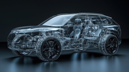 Naklejka premium A sleek, metallic 3D model of an SUV, rendered in intricate detail, reveals a transparent interior, showcasing the intricate workings of its powertrain and suspension system through an x-ray effect,