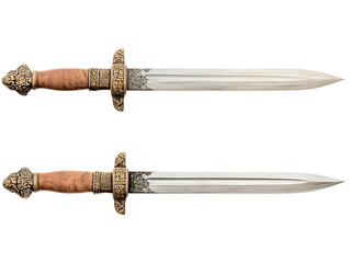 Two ornate medieval swords featuring decorative hilts wood grips and sharp silvery blades displayed against a clean white background.