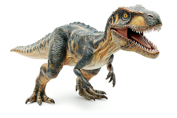 A fierce dinosaur figure with mottled blue and tan coloring stands open-mouthed on a stark white background.