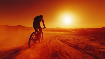 Obraz premium Silhouette of cyclist riding mountain bike at sunset in desert.
