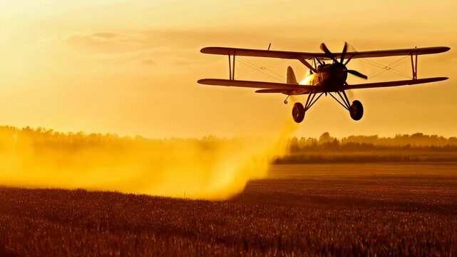 A vintage biplane dusts crops in a golden sunset, capturing the essence of rural agriculture.